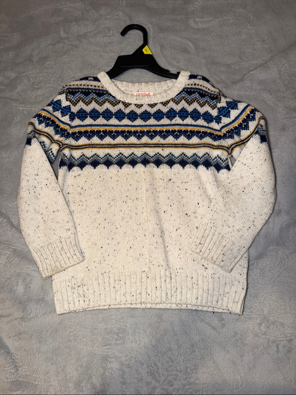 Cozy Fair Isle Crewneck Sweater - Ivory with Blue & Mustard Accent